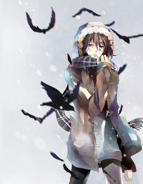 Anime picture 1000x1280 with original iya-chen single tall image looking at viewer short hair red eyes brown hair open clothes open jacket third-party edit walking extended boy animal jacket scarf bird (birds) pants winter clothes