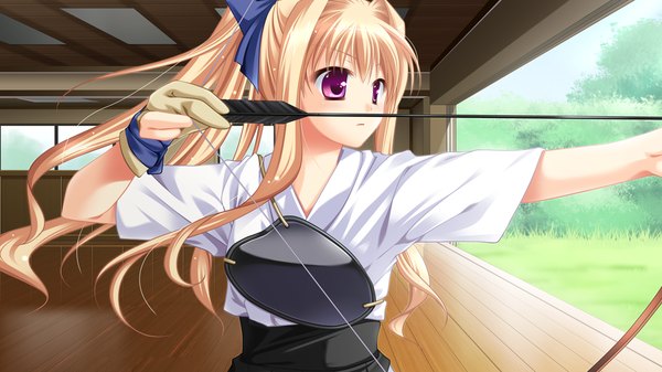 Anime picture 1024x576 with fortuna rhapsody long hair blonde hair wide image game cg pink eyes girl bow (weapon) arrow (arrows)