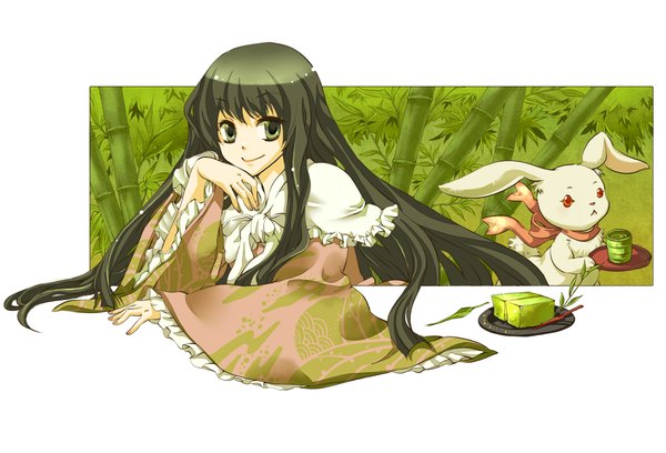 Anime picture 1175x799 with touhou houraisan kaguya inaba toropp (artist) single long hair black hair smile green eyes very long hair girl dress bow plant (plants) animal bunny tea wagashi yunomi