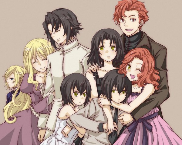 Anime picture 1280x1024 with baccano! tagme (character) chane laforet long hair short hair open mouth black hair simple background blonde hair red eyes multiple girls green eyes yellow eyes eyes closed one eye closed wink orange hair multiple boys group girl