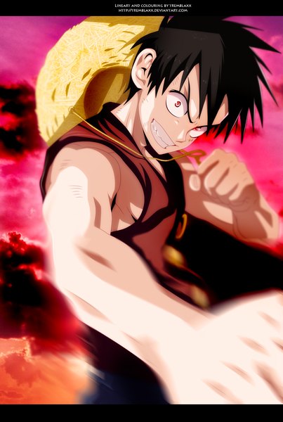 Anime picture 900x1339 with one piece toei animation monkey d. luffy tremblax single tall image short hair black hair smile red eyes sky cloud (clouds) sunlight grin coloring evening sunset letterboxed muscle boy