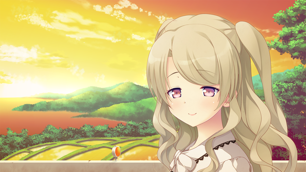 Anime picture 1280x720 with kanojo step serizawa kuon single long hair looking at viewer blonde hair smile wide image game cg sky cloud (clouds) pink eyes evening sunset girl