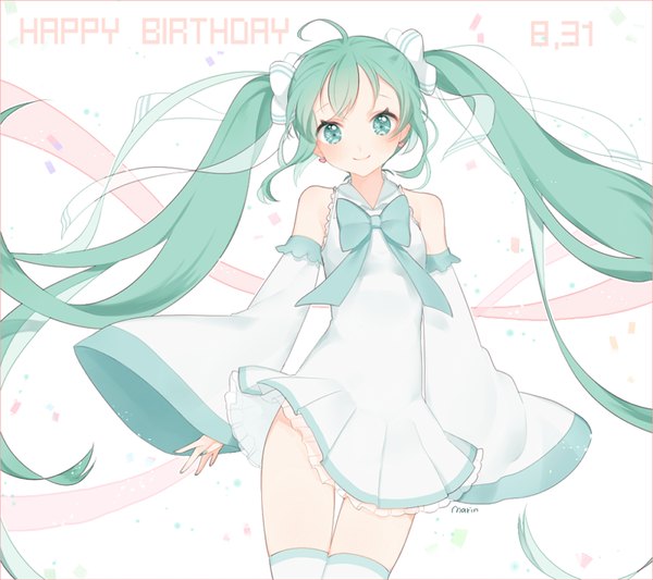 Anime picture 880x782 with vocaloid hatsune miku marin (myuy 3) single looking at viewer blush smile twintails bare shoulders green eyes signed ahoge very long hair nail polish green hair wind happy birthday girl thighhighs bow