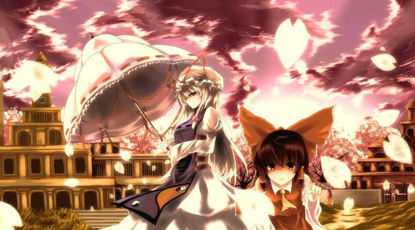 Anime picture 1800x1000 with touhou hakurei reimu yakumo yukari buruxugi long hair looking at viewer highres blonde hair red eyes brown hair wide image twintails multiple girls brown eyes sky cloud (clouds) traditional clothes profile light smile short twintails