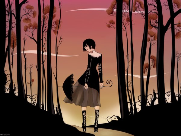 イラスト 2048x1536 と tukiji nao (green glass) highres 短い髪 黒髪 dark background autumn gothic 女の子 ドレス 傘