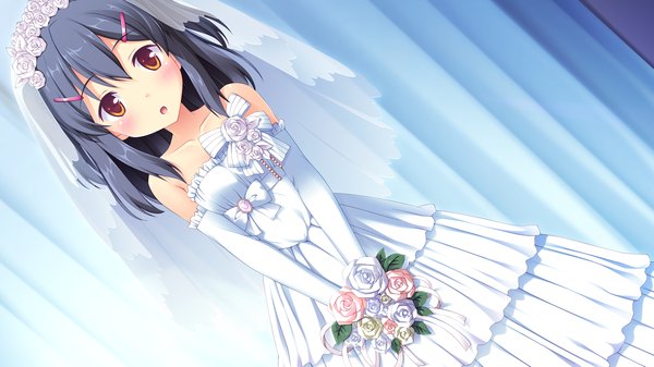 Anime picture 2560x1440 with melty moment fujibayashi misao blush highres short hair open mouth black hair wide image bare shoulders brown eyes game cg wedding girl dress gloves flower (flowers) elbow gloves bouquet wedding dress strapless dress