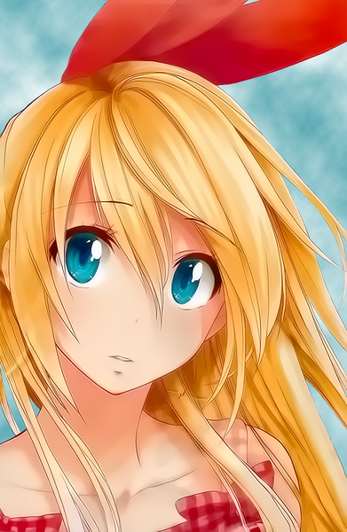Anime picture 848x1300 with nisekoi shaft (studio) kirisaki chitoge tosh single long hair tall image fringe blue eyes blonde hair bare shoulders looking away close-up face girl bow hairband