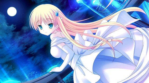 Anime picture 1280x720 with princess-style orfina von rubens yuyi single long hair blonde hair wide image game cg looking back aqua eyes night girl dress gloves hair ornament elbow gloves white gloves white dress moon full moon