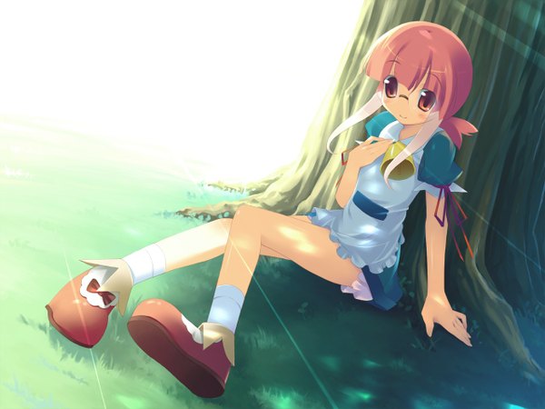 Anime picture 1280x960 with tears to tiara ermin single looking at viewer blush fringe short hair sitting payot pink hair full body outdoors pink eyes sunlight short sleeves hand on chest girl dress plant (plants) tree (trees)