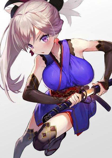 Anime picture 2893x4092 with fate (series) fate/grand order miyamoto musashi (fate) gaou (umaiyo puyoman) single long hair tall image looking at viewer blush highres breasts light erotic simple background large breasts purple eyes bare shoulders holding silver hair bent knee (knees) ponytail
