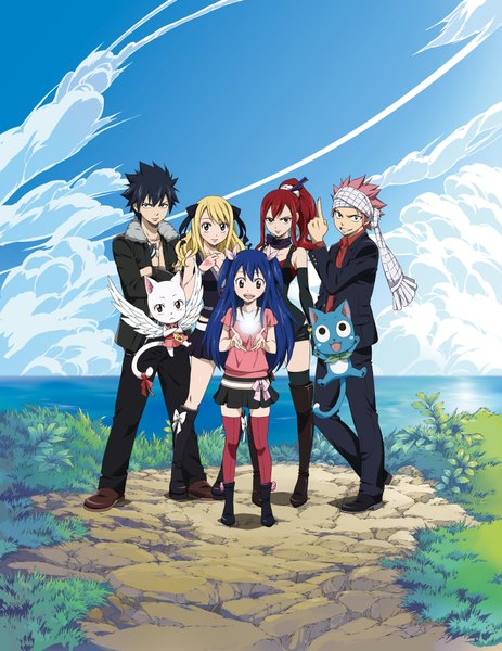 Anime picture 1439x1862 with fairy tail lucy heartfilia erza scarlet natsu dragneel gray fullbuster wendy marvell happy (fairy tail) charle (fairy tail) long hair tall image looking at viewer blush fringe short hair open mouth black hair blonde hair standing multiple girls brown eyes