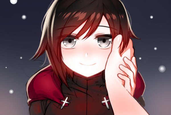Anime picture 1129x761 with rwby rooster teeth ruby rose ndgd (bean1215) looking at viewer blush fringe short hair smile hair between eyes upper body ahoge arm up grey eyes snowing solo focus close-up pov hand on face girl