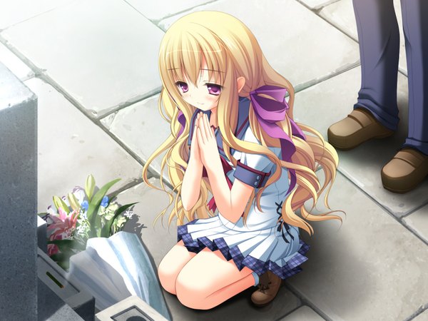 Anime picture 1600x1200 with deliverer! (game) tagme (character) long hair fringe blonde hair hair between eyes standing game cg full body bent knee (knees) pleated skirt pink eyes light smile looking down solo focus squat head out of frame hands clasped praying girl