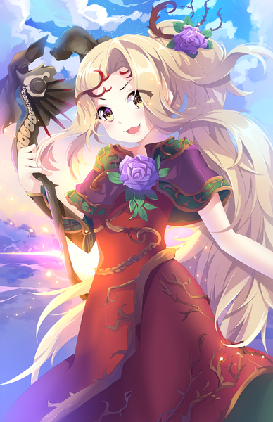 Anime picture 809x1250 with kid icarus nintendo viridi squchan single tall image looking at viewer blush open mouth blonde hair smile yellow eyes sky cloud (clouds) ponytail very long hair hair flower sunlight :3 girl