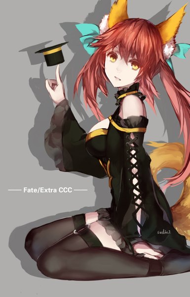 Anime picture 1062x1653 with fate (series) fate/extra fate/extra ccc type-moon tamamo (fate) (all) tamamo no mae (fate) swd3e2 single long hair tall image looking at viewer sitting twintails signed animal ears yellow eyes red hair tail animal tail inscription