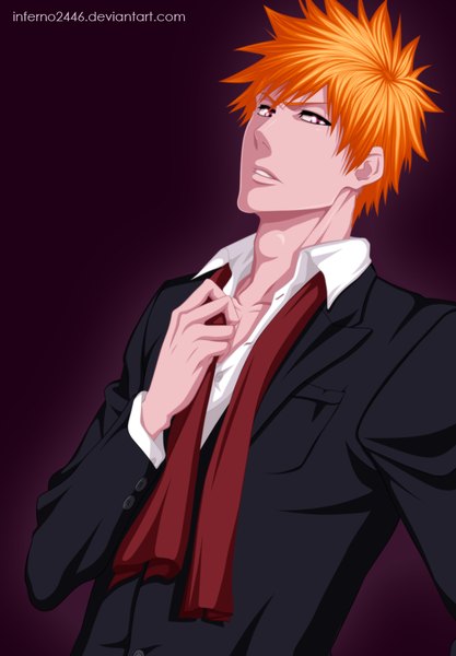 Anime picture 737x1059 with bleach studio pierrot kurosaki ichigo inferno2446 single tall image short hair simple background pink eyes orange hair coloring boy shirt suit