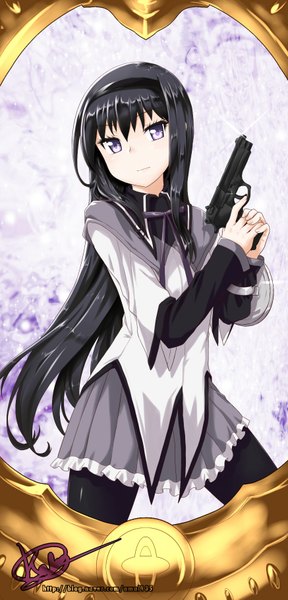 Anime picture 874x1818 with mahou shoujo madoka magica shaft (studio) akemi homura kaho single long hair tall image looking at viewer fringe black hair purple eyes girl dress weapon pantyhose hairband gun pistol clothes