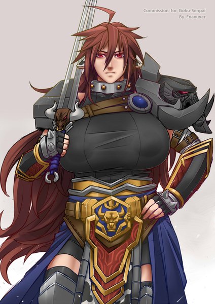 Anime picture 1500x2121 with exaxuxer single long hair tall image looking at viewer breasts light erotic simple background red eyes brown hair standing huge breasts girl thighhighs weapon black thighhighs sword armor spaulder (spaulders)