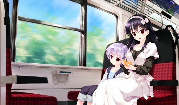 Anime picture 1700x1000 with shoujo shin'iki okushiro yuki hayakawa harui long hair short hair open mouth black hair red eyes wide image sitting game cg silver hair train interior girl dress boy hairband