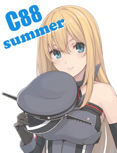 Anime picture 703x914 with kantai collection bismarck battleship nananichi single long hair tall image looking at viewer blush fringe simple background blonde hair smile hair between eyes white background bare shoulders holding payot upper body head tilt aqua eyes