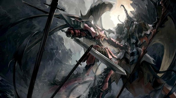 Anime picture 1440x810 with five star stories five star monogatari led mirage b4 satan (five star stories) archlich wide image battle sword wings mecha