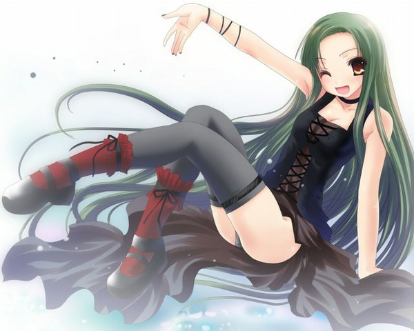 Anime picture 1280x1024 with suzumiya haruhi no yuutsu kyoto animation tsuruya namamo nanase light erotic very long hair green hair pantyshot pantyshot sitting goth-loli girl underwear panties