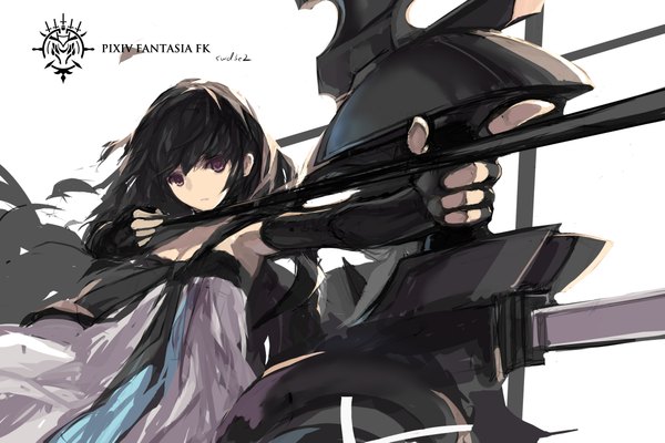 Anime picture 2125x1417 with original pixiv fantasia pixiv fantasia fallen kings paradise (character) swd3e2 single long hair looking at viewer highres black hair white background brown eyes girl dress gloves weapon fingerless gloves bow (weapon)