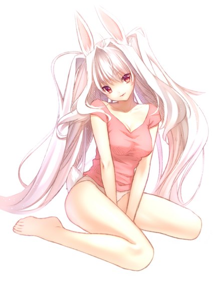 Anime picture 1253x1770 with original nana mikoto single long hair tall image looking at viewer blush light erotic simple background red eyes white background sitting twintails animal ears ahoge white hair tail barefoot bunny ears no shoes
