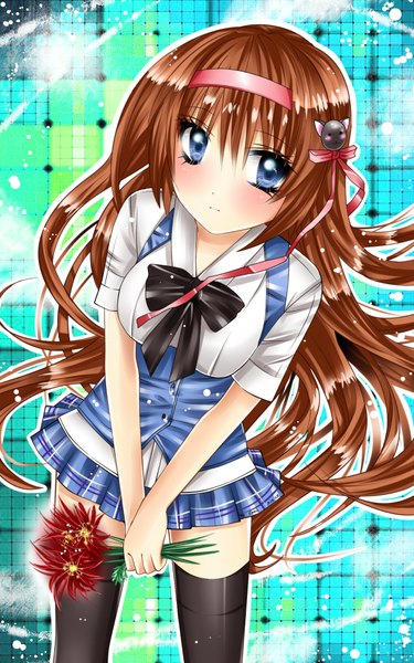 Anime picture 1326x2121 with original nami (nyaa) single long hair tall image blush blue eyes brown hair girl thighhighs skirt flower (flowers) ribbon (ribbons) black thighhighs hair ribbon