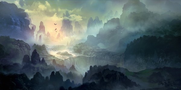 Anime picture 1920x960 with original ferdinand ladera highres wide image sky evening sunset mountain landscape scenic river rock waterfall fog animal water bird (birds)