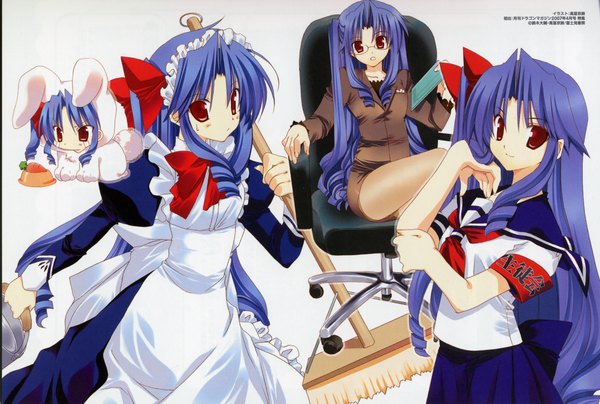 Anime picture 2238x1510 with goshuushou-sama ninomiya-kun houjou reika takanae kyourin long hair looking at viewer blush highres red eyes blue hair light smile scan maid one side up drill hair multiple persona glasses serafuku headdress maid headdress chair