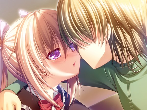 Anime picture 1024x768 with yurikago yori tenshi made lidia (yurikago kara tenshi made) haruka natsuki long hair blush short hair blonde hair purple eyes game cg loli couple girl boy