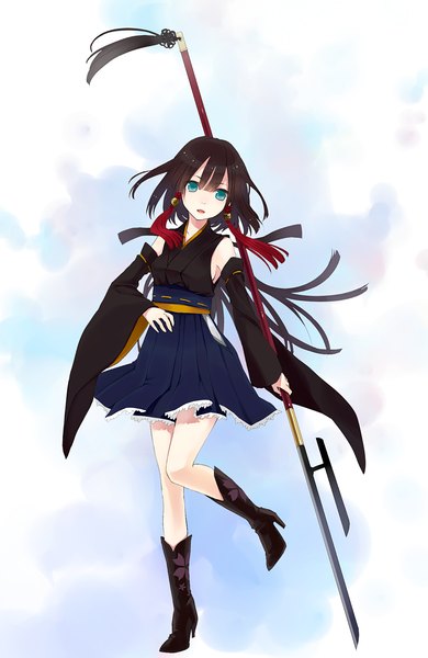 Anime picture 1000x1536 with original kurasawa moko single long hair tall image looking at viewer blue eyes black hair girl dress weapon detached sleeves boots