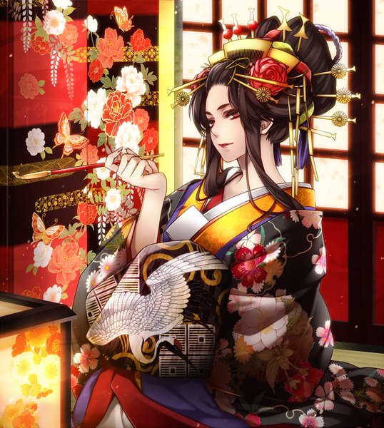 Anime picture 896x1000 with original hana io single long hair tall image black hair red eyes traditional clothes japanese clothes hair flower girl hair ornament flower (flowers) kimono rose (roses) insect butterfly red rose pipe kiseru