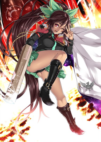 Anime picture 1500x2099 with touhou reiuji utsuho houtengeki single long hair tall image open mouth light erotic red eyes brown hair ponytail one eye closed wink pantyshot starry sky print arm cannon space print girl bow weapon