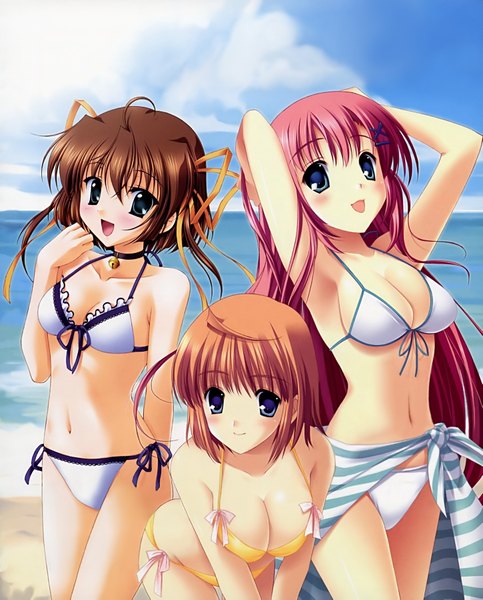 Anime picture 2897x3593 with da capo shirakawa kotori asakura nemu amakase miharu tall image highres blue eyes light erotic brown hair purple eyes multiple girls red hair beach girl ribbon (ribbons) swimsuit bikini 3 girls x hair ornament white bikini