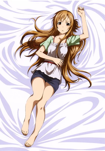 Anime picture 1569x2264 with sword art online a-1 pictures yuuki asuna kawakami tetsuya single long hair tall image looking at viewer blush open mouth brown hair brown eyes lying scan official art bare legs girl skirt