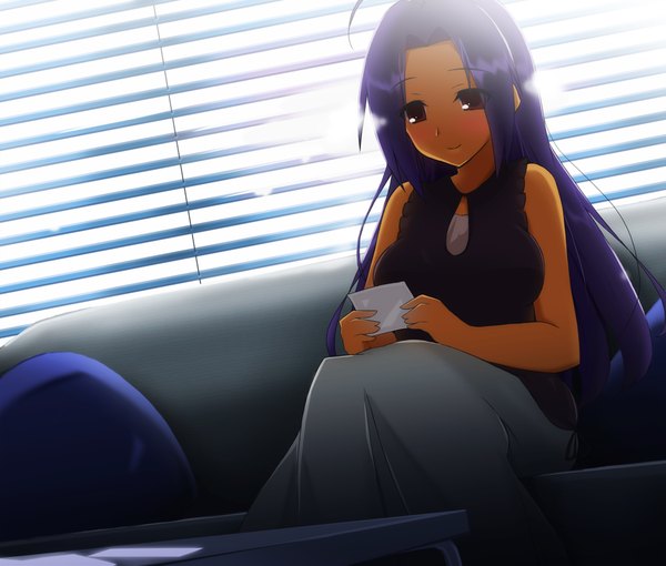 Anime picture 1000x850 with idolmaster miura azusa van-s (artist) single long hair blush smile red eyes sitting purple hair ahoge girl dress couch