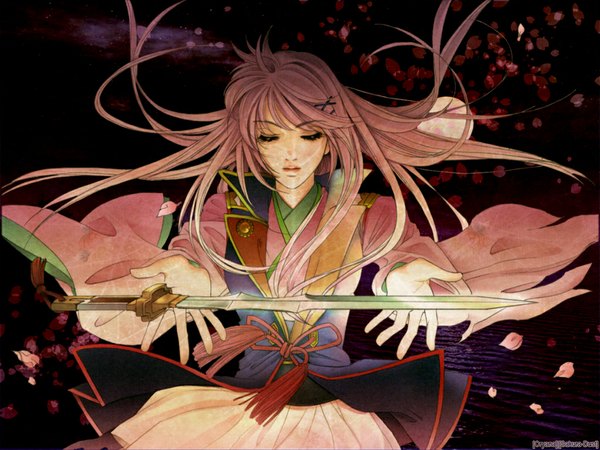 Anime picture 1024x768 with harukanaru toki no naka de long hair pink hair eyes closed weapon sword