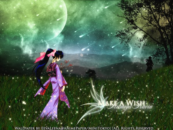 Anime picture 1280x960 with rurouni kenshin kamiya kaoru eevaleena single long hair blue hair looking away traditional clothes japanese clothes night mountain third-party edit girl flower (flowers) ribbon (ribbons) plant (plants) hair ribbon tree (trees) moon star (stars)