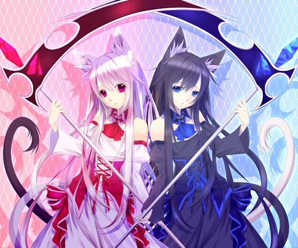 Anime picture 1000x833 with original kawasaki toiro long hair looking at viewer blue eyes black hair red eyes bare shoulders multiple girls animal ears white hair tail animal tail cat ears cat girl cat tail girl dress weapon 2 girls