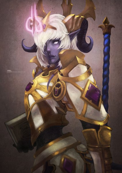 Anime picture 2480x3508 with world of warcraft blizzard entertainment draenei monori rogue single tall image fringe highres short hair holding looking away white hair horn (horns) pointy ears glow white eyes purple skin girl weapon headdress