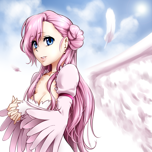 Anime picture 1087x1087 with code geass sunrise (studio) euphemia li britannia mattari yufi (artist) single long hair blue eyes simple background pink hair angel wings hands clasped girl dress earrings wings feather (feathers)