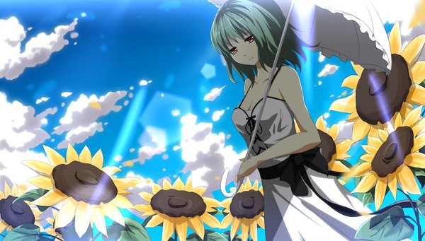 Anime picture 1024x583 with touhou kazami yuuka itoo (artist) short hair red eyes wide image sky cloud (clouds) green hair girl flower (flowers) umbrella sundress sunflower
