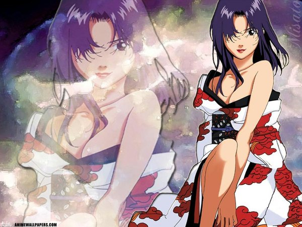 Anime picture 1024x768 with neon genesis evangelion gainax katsuragi misato looking at viewer signed traditional clothes japanese clothes kimono