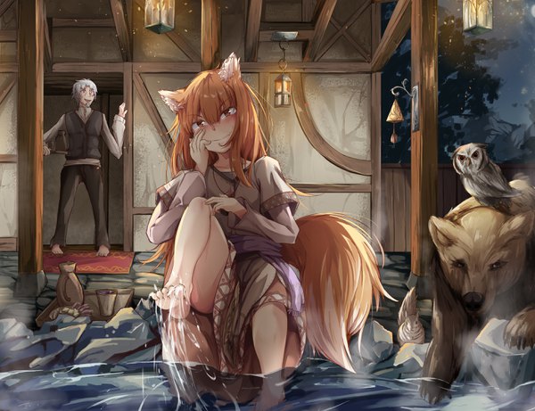 Anime picture 2824x2172 with spice and wolf horo craft lawrence mahimaru long hair looking at viewer blush fringe highres short hair open mouth light erotic smile hair between eyes red eyes animal ears full body outdoors tail traditional clothes