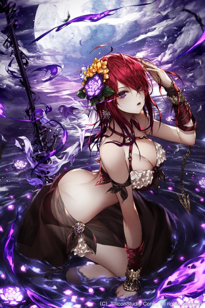Anime picture 666x1000 with age of ishtaria wanke single long hair tall image fringe breasts light erotic hair between eyes large breasts purple eyes ass red hair hair flower from above arm support partially submerged glowing adjusting hair glowing eye (eyes)