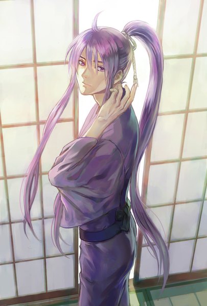 Anime picture 800x1184 with vocaloid kamui gakupo syuka single long hair tall image looking at viewer purple eyes purple hair ahoge ponytail very long hair traditional clothes japanese clothes adjusting hair boy kimono sliding doors japanese house shouji