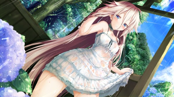 Anime picture 1920x1080 with vocaloid ia (vocaloid) daidou (demitasse) single long hair blush highres blue eyes light erotic wide image pink hair sky dutch angle wallpaper rain wet clothes girl dress flower (flowers) plant (plants)