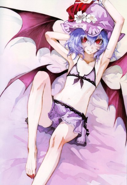 Anime picture 2073x3000 with touhou remilia scarlet banpai akira single tall image highres short hair light erotic red eyes bare shoulders absurdres purple hair nail polish barefoot light smile arms up armpit (armpits) alternate costume flat chest bat wings